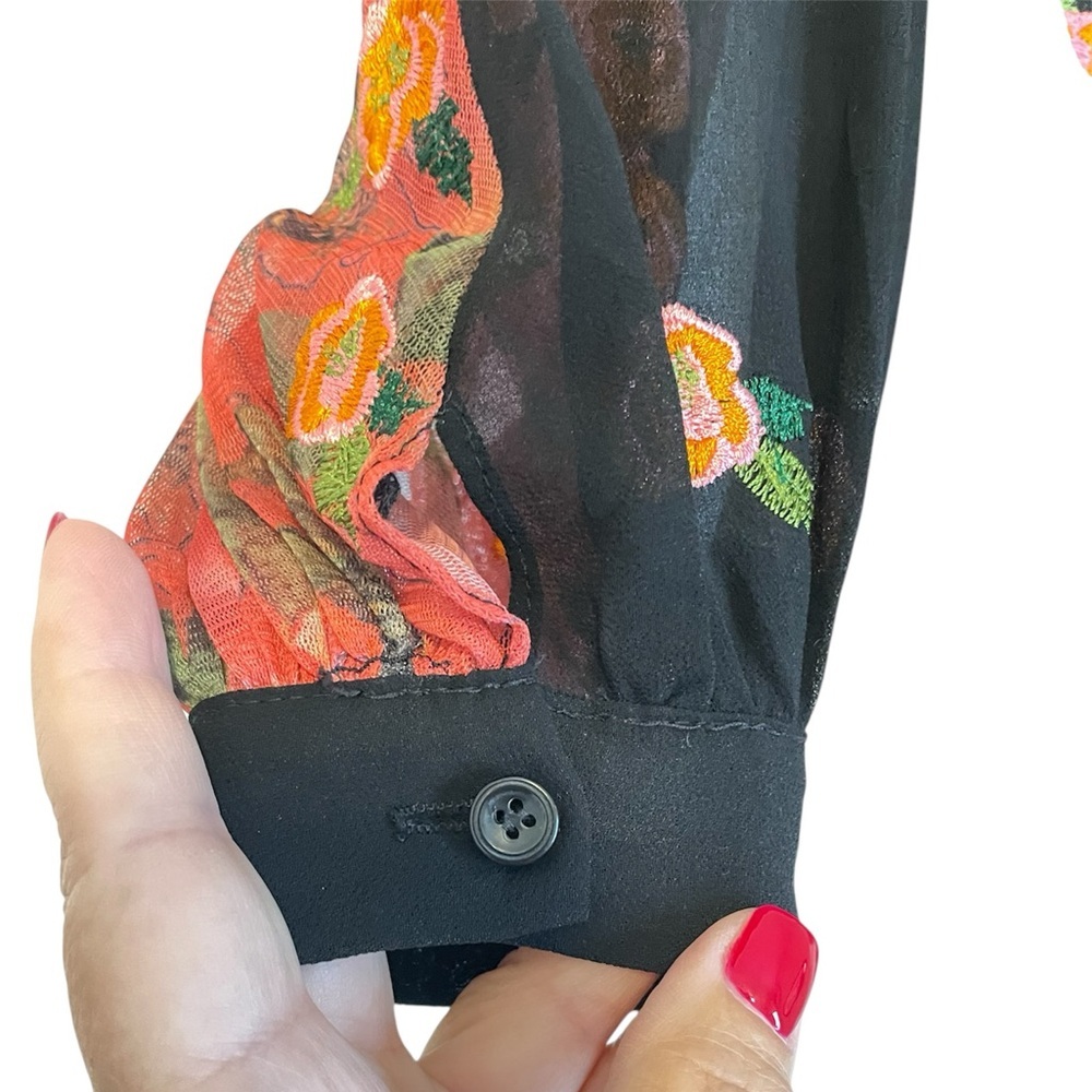 FEiNNYS Black Silk Sheer Floral Embroidered Dainty Romantic Bodysuit, Size Small - Picture 4 of 11
